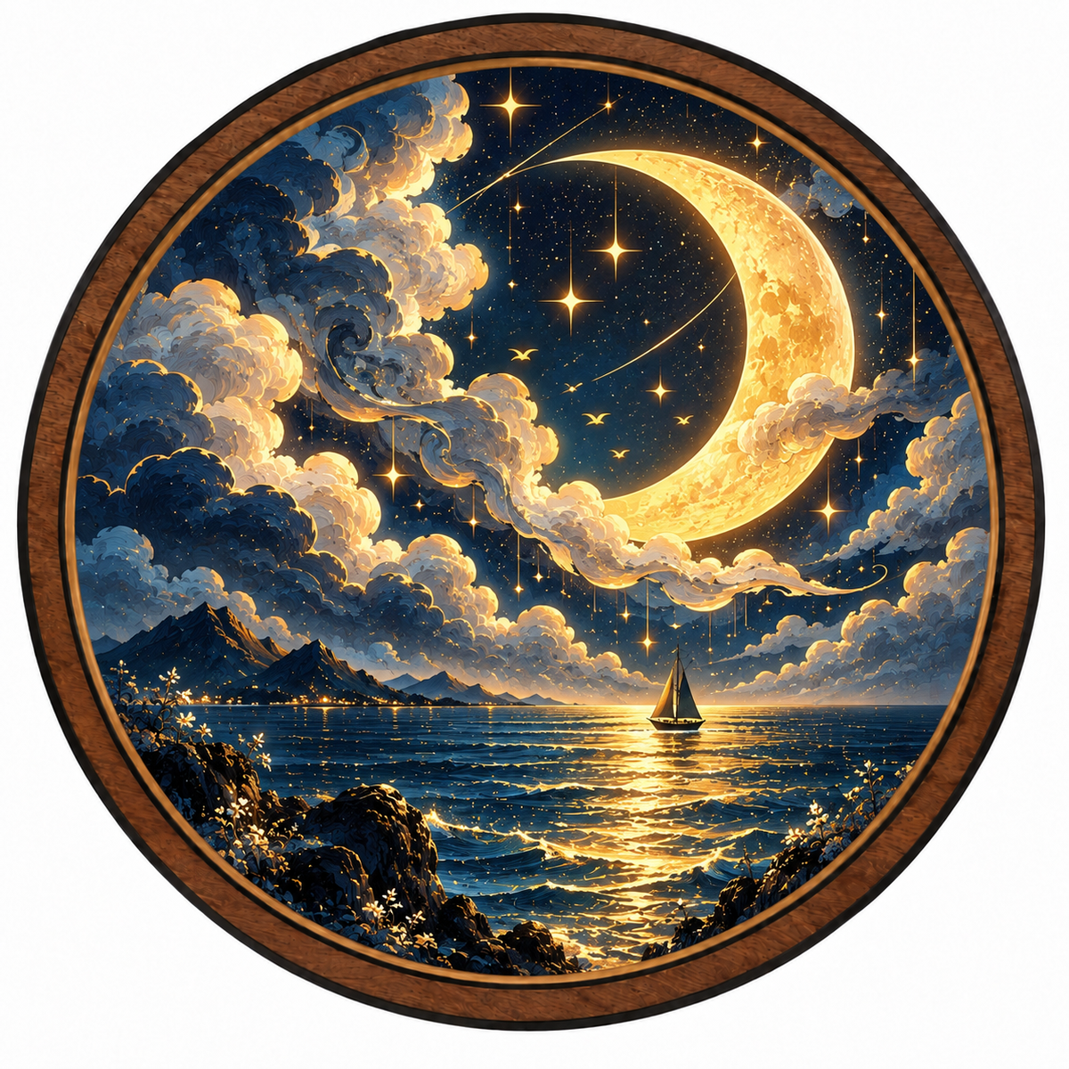 Golden Crescent Voyage – Moonlit Ocean LED Wall Art