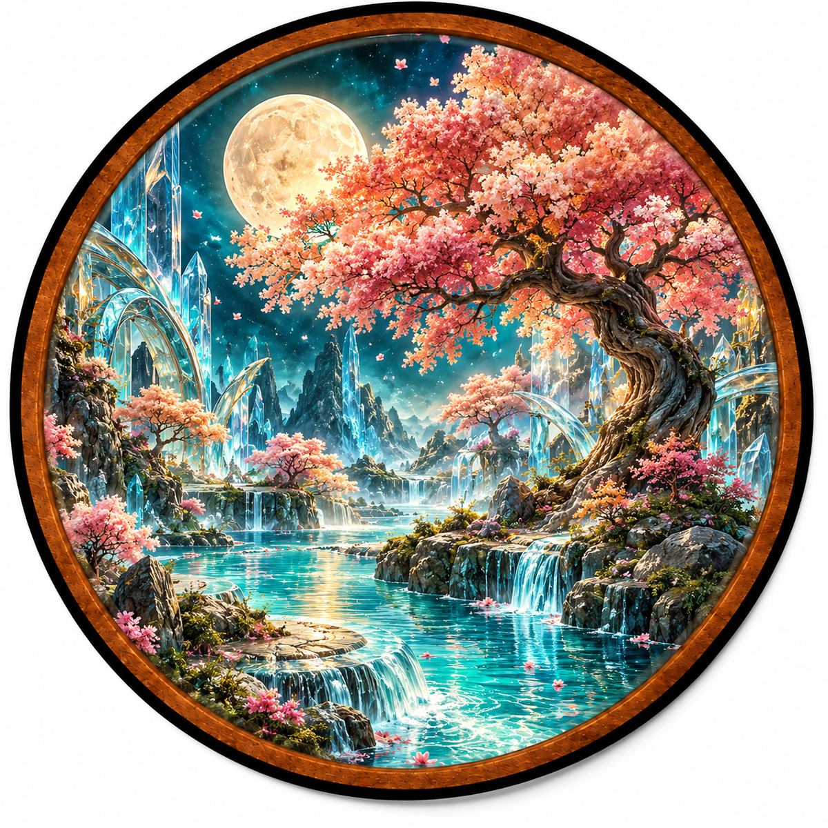 Moonlit Sakura Crystal Garden – Handcrafted LED Wall Art | Cherry Blossom Tree & Fantasy Moon Landscape