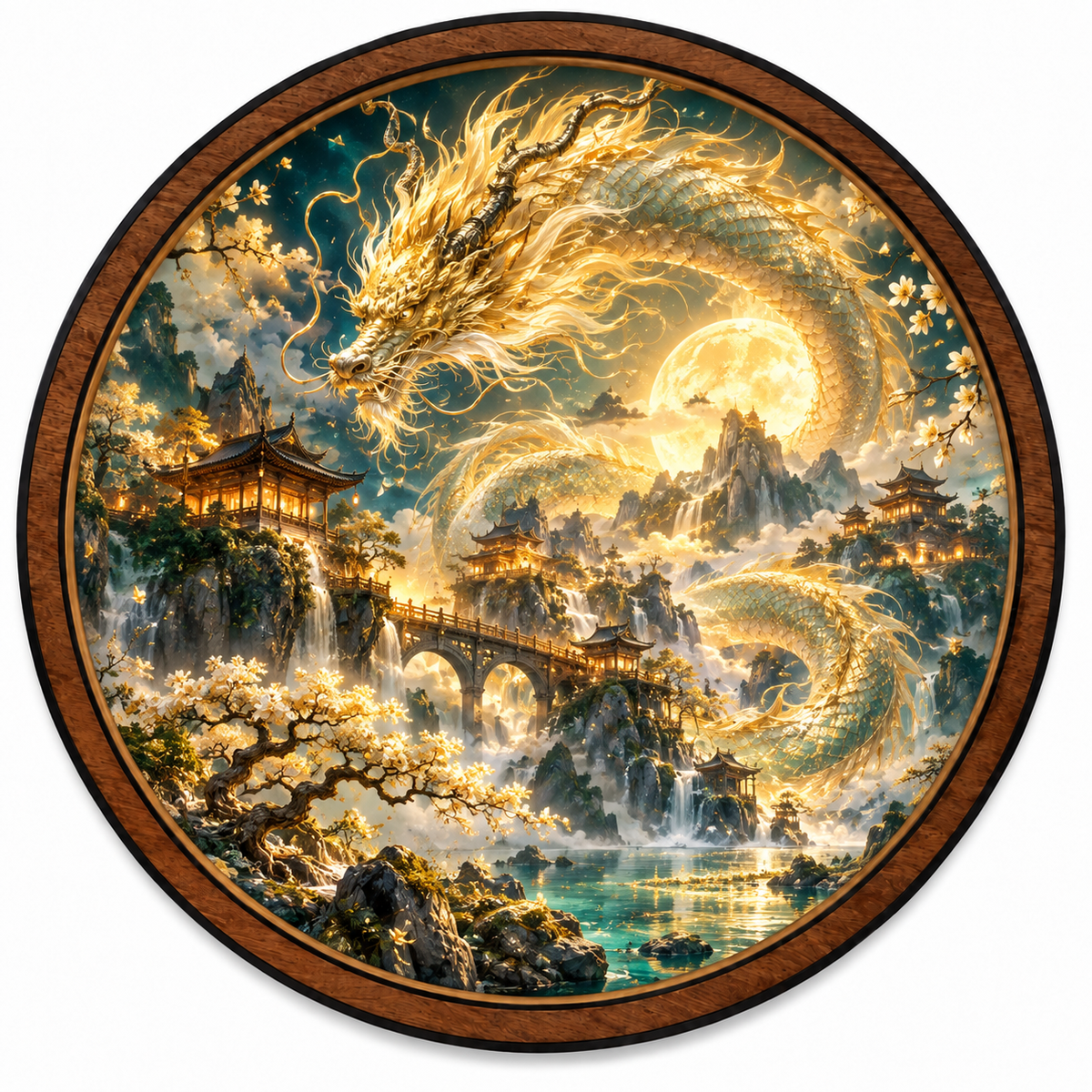 Golden Celestial Dragon – Fantasy Round LED Wall Art