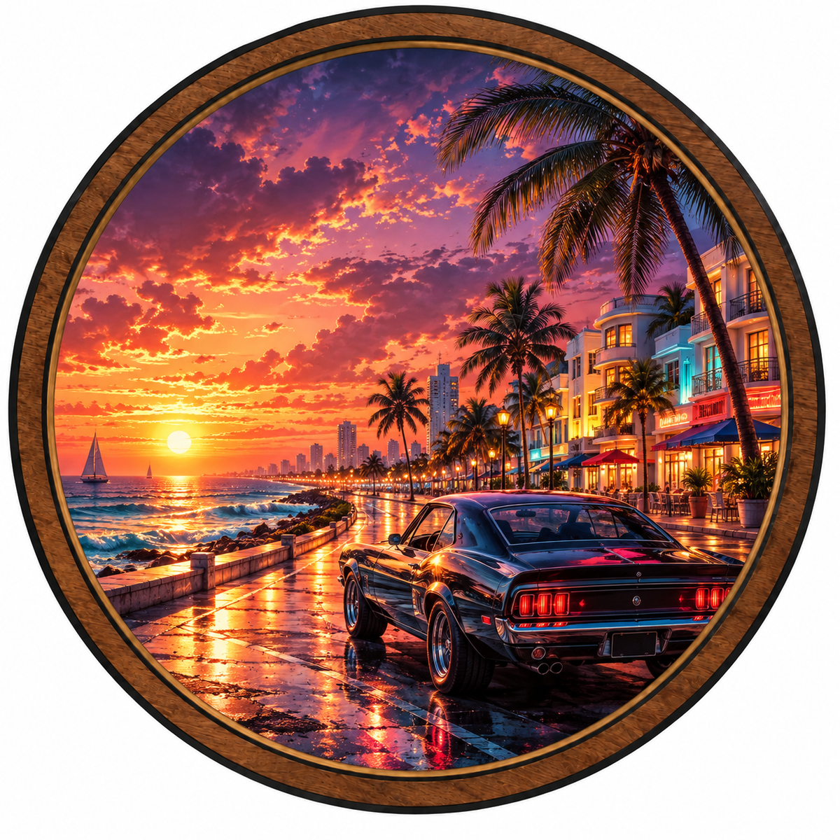 Coastal Sunset Muscle Car Circular LED Wall Art