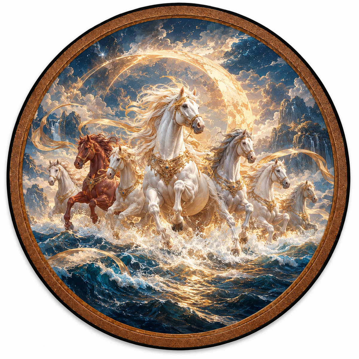 Golden Spirit Horses – Handcrafted Round LED Wall Art