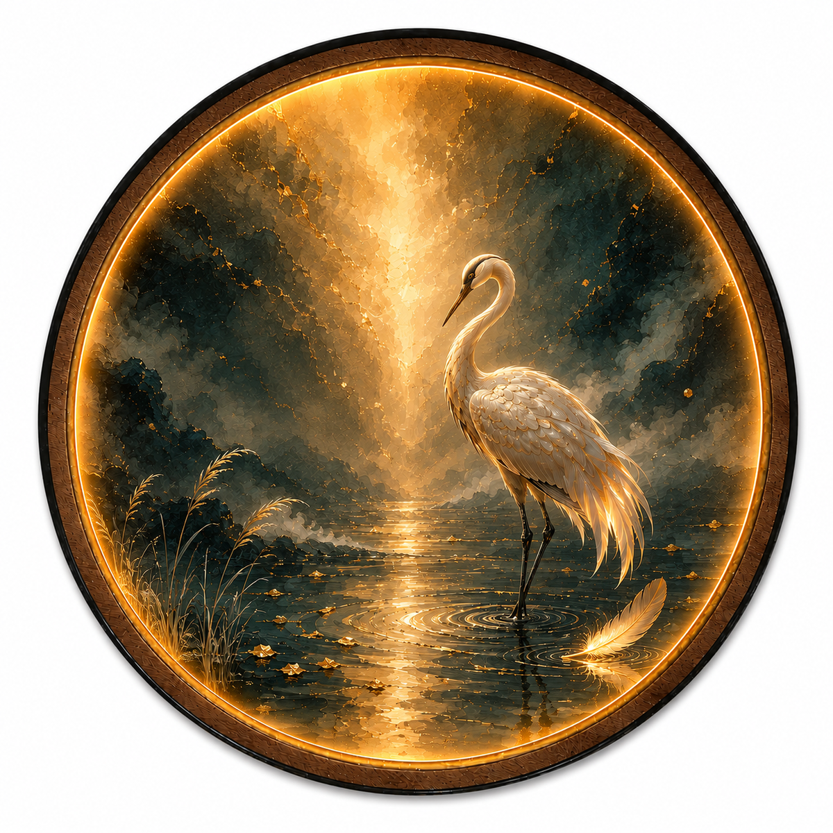 Golden Heron – Handcrafted Round LED Wall Art