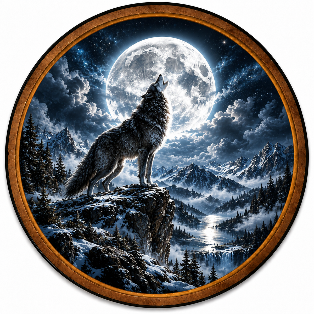 Handcrafted Howling Wolf LED Wall Art – Full Moon Wolf & Snowy Mountain Fantasy