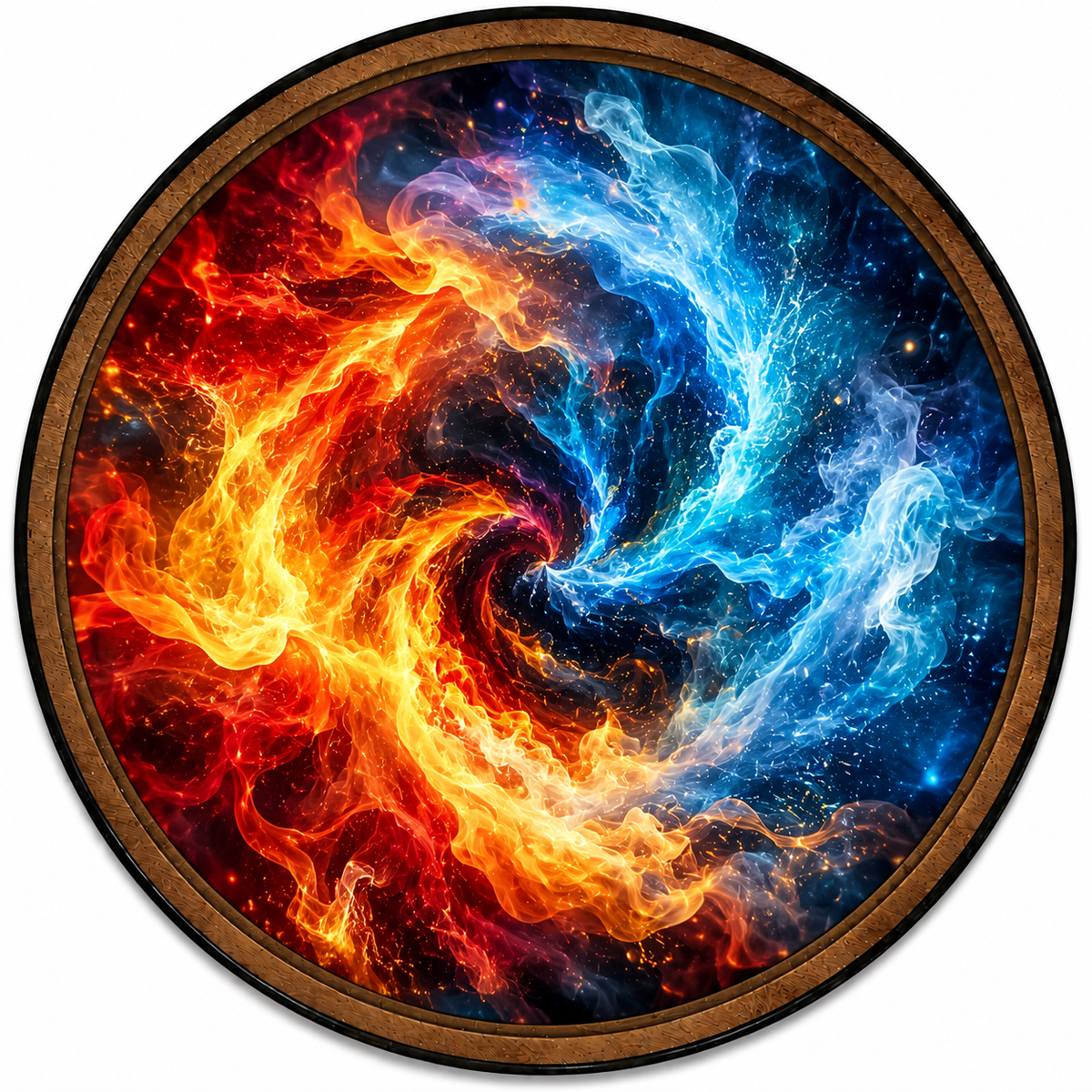 Fire & Ice Elemental Vortex – Abstract Round LED Wall Art
