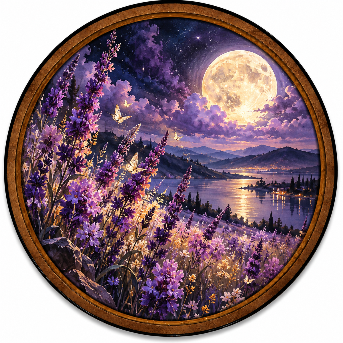 Handcrafted Lavender Moon LED Wall Art – Purple Wildflower Meadow & Full Moon, Dreamy Floral Night Sky Decor