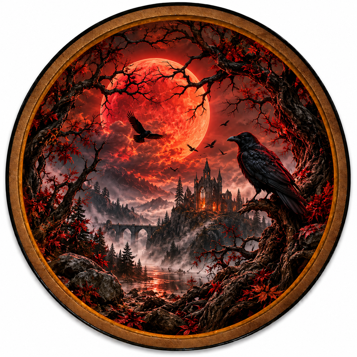 Crimson Moon Raven Gothic Castle Circular LED Wall Art