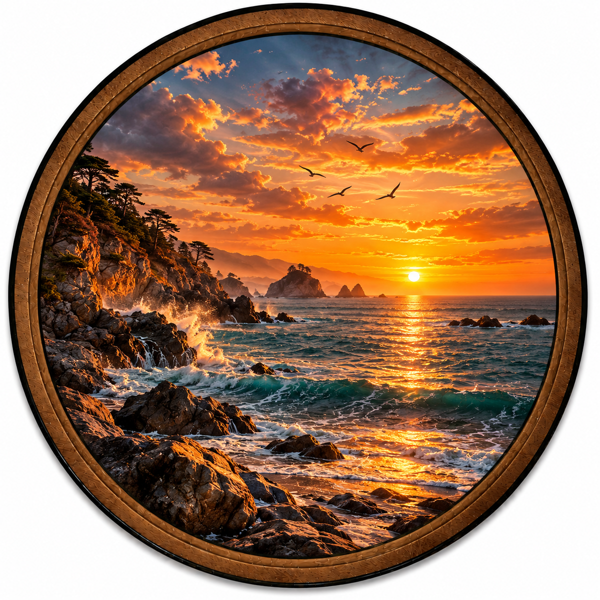 Handcrafted Ocean Sunset LED Wall Art – Golden Coastal Sunset & Rocky Beach