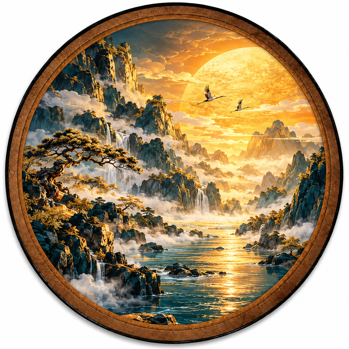Golden Mountain Serenity – Handcrafted Round LED Wall Art