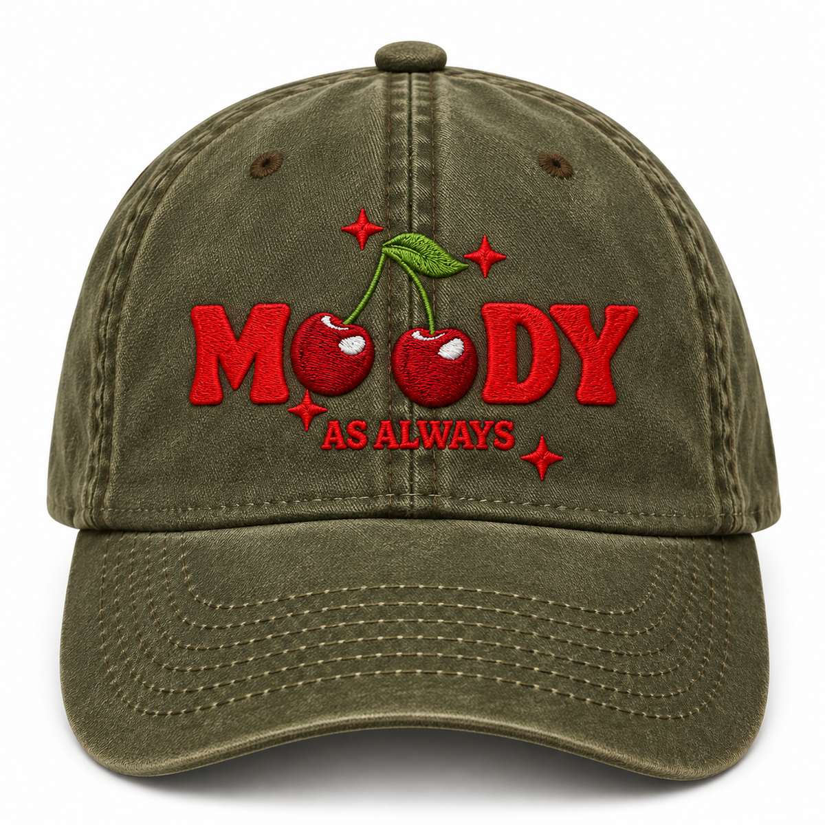Moody Cherry Embroidered Dad Hat – Vintage Washed Baseball Cap