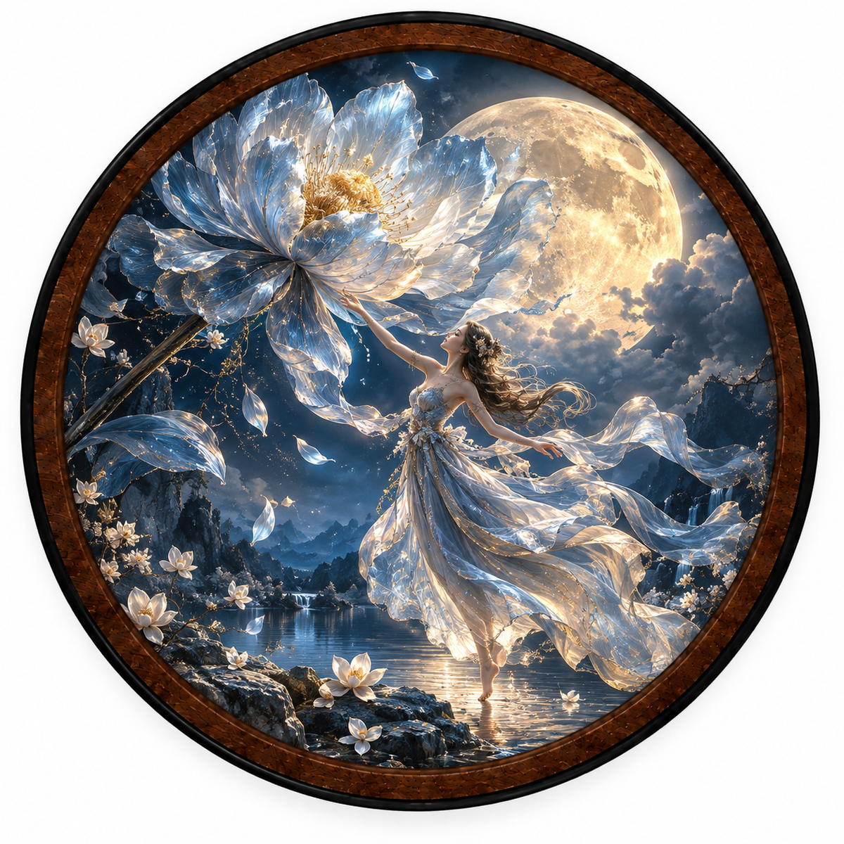 Ethereal Moon Goddess & White Flower Fantasy  – Handcrafted LED Wall Art