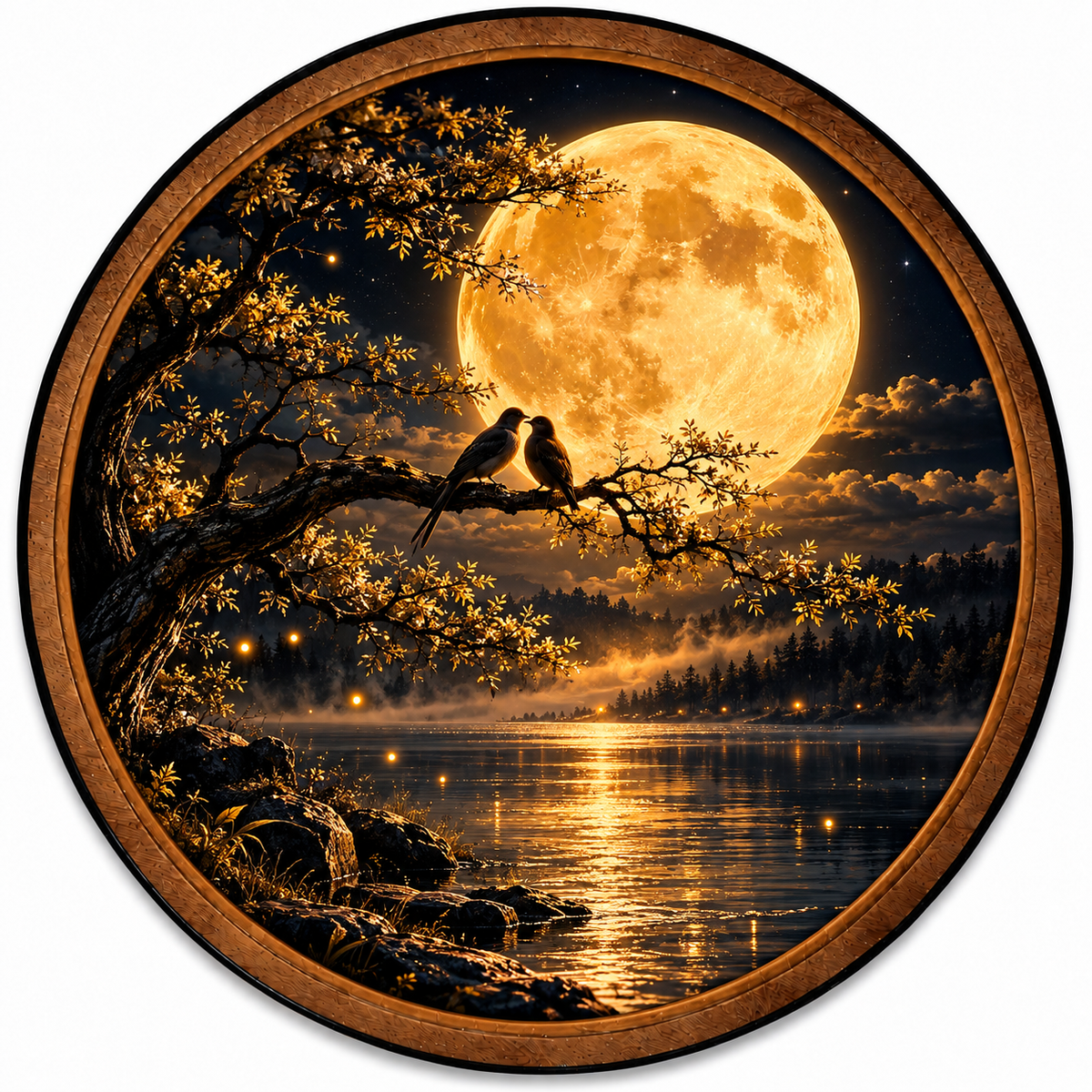 Handcrafted Golden Moon Lovebirds LED Wall Art – Romantic Birds & Full Moon