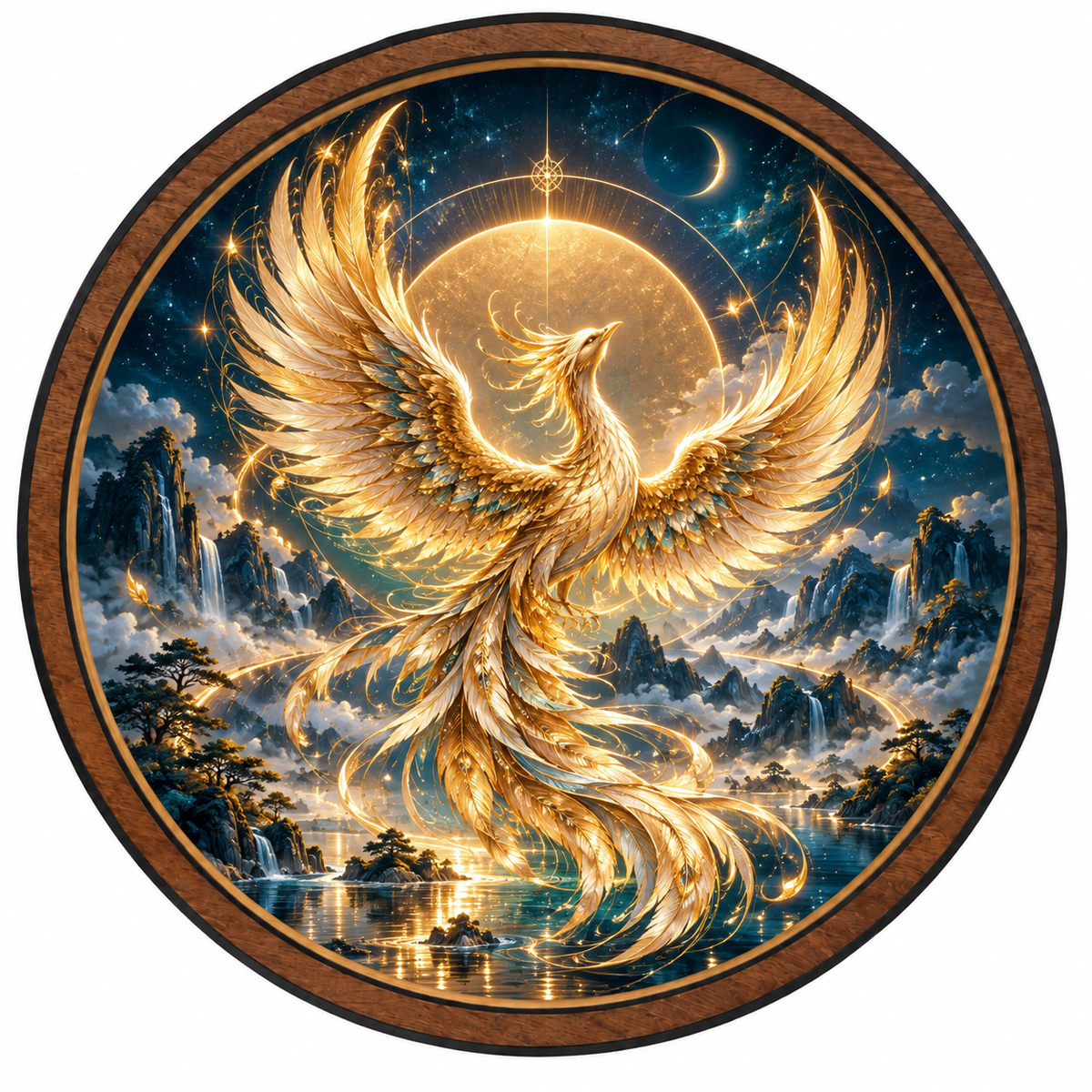 Celestial Phoenix – Golden Moon Fantasy LED Wall Art