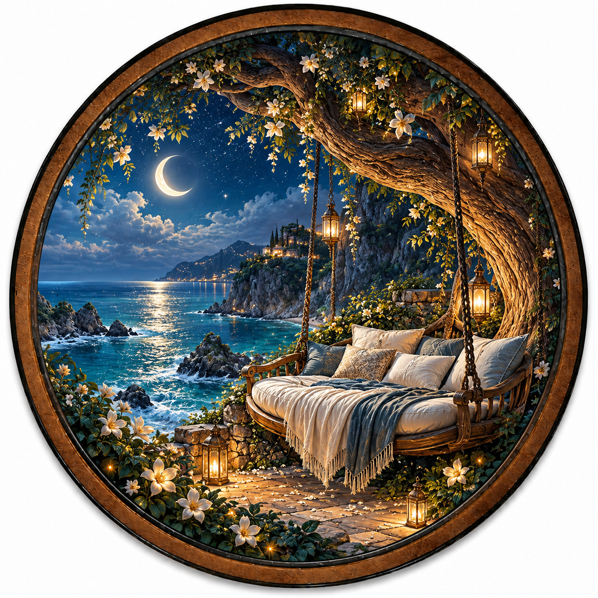 Handcrafted Moonlit Coastal Swing LED Wall Art – Enchanted Ocean Escape