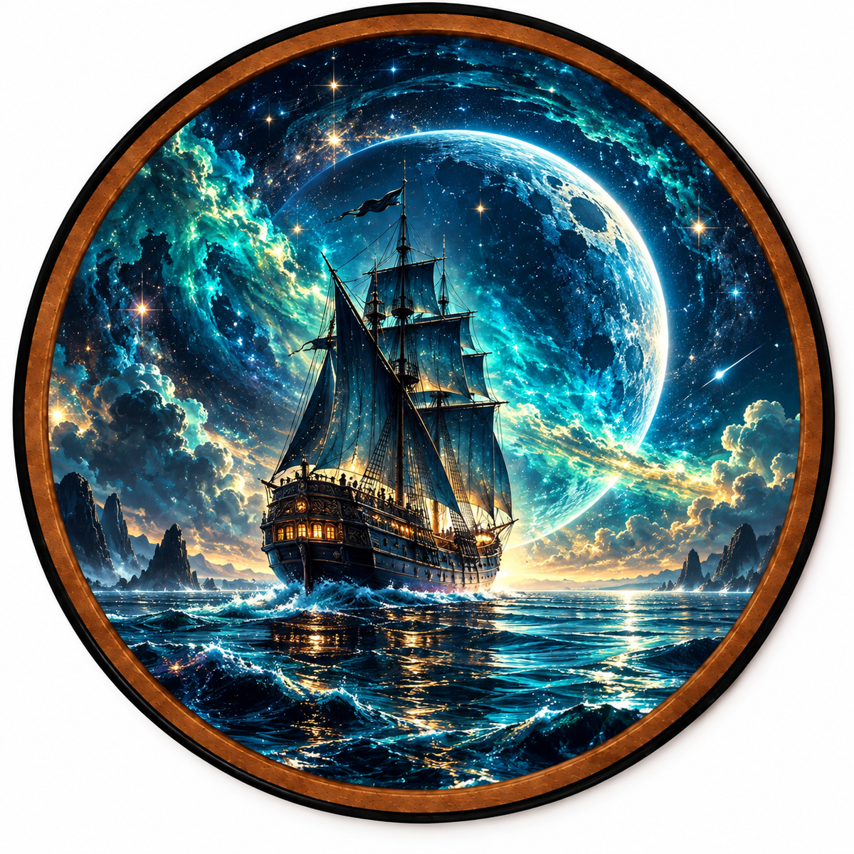 Celestial Voyage – Handcrafted LED Wall Art | Fantasy Sailing Ship & Cosmic Moon Decor