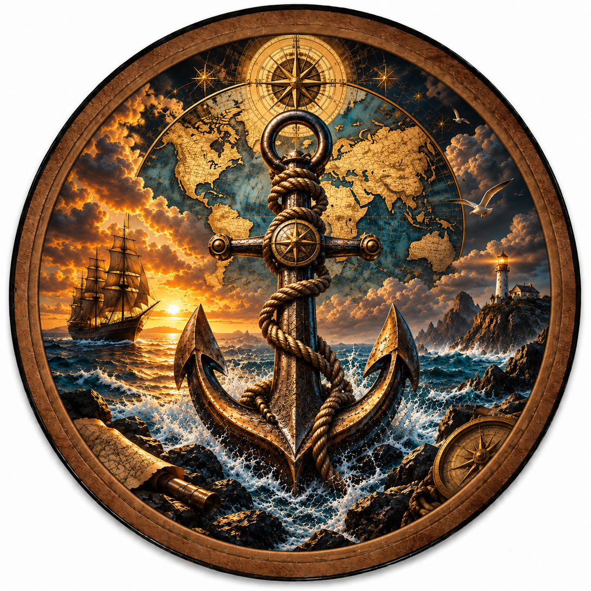 Golden Voyager Anchor – Nautical Compass LED Wall Art