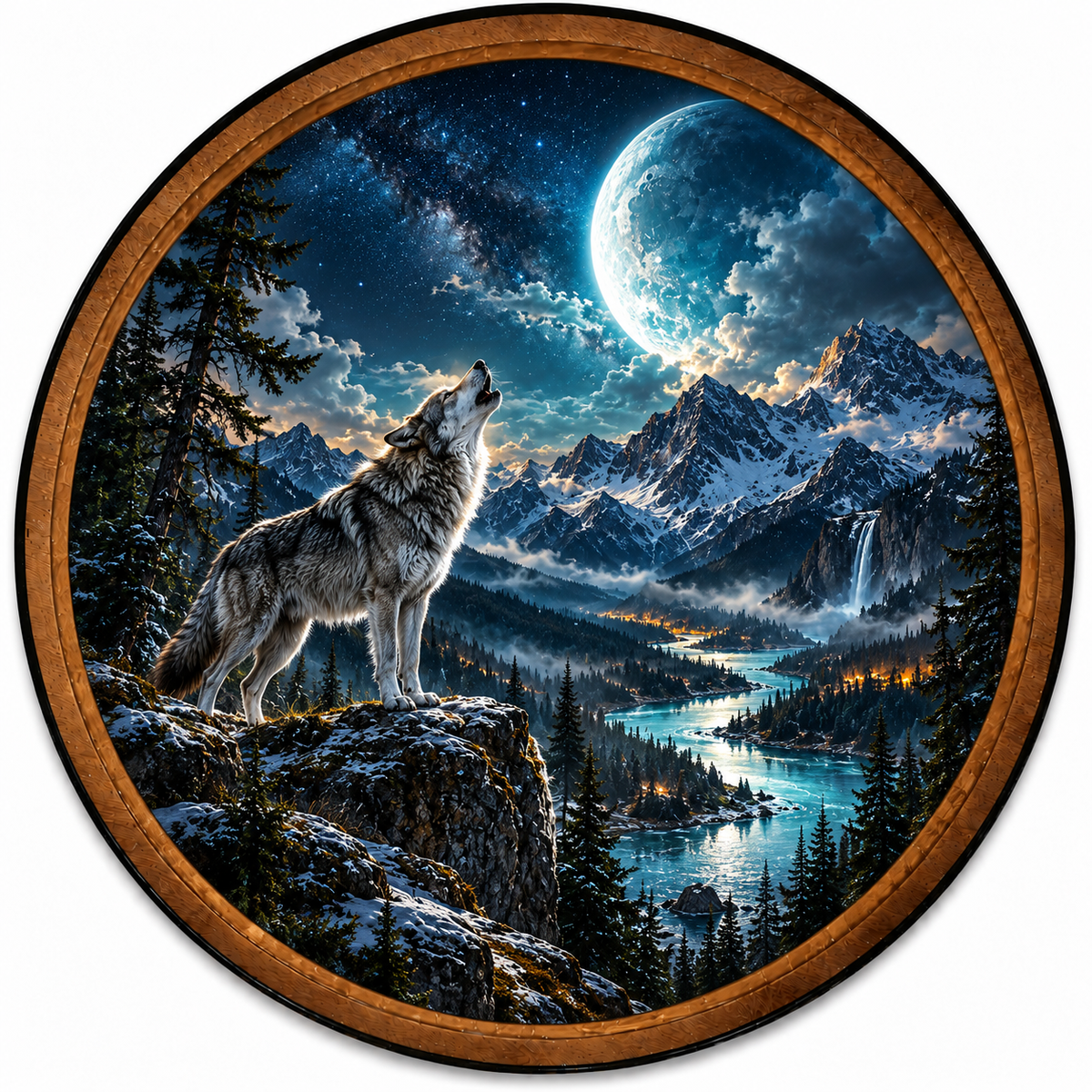 Howling Wolf Moon Mountain Circular LED Wall Art