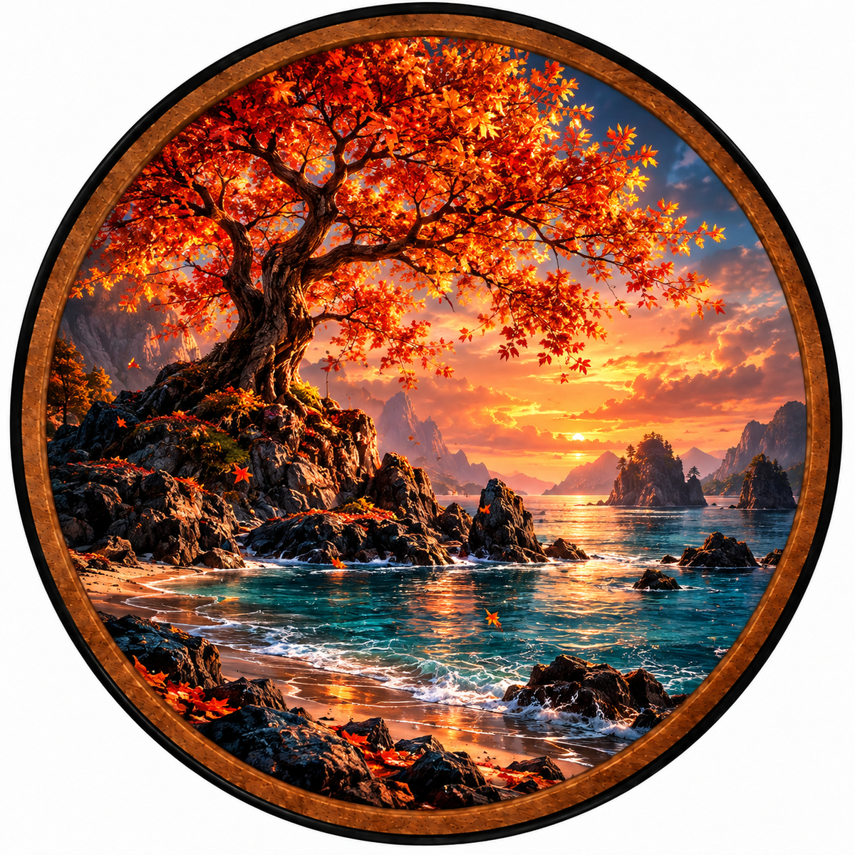Autumn's Golden Shore – Handcrafted LED Wall Art | Red Maple Tree, Ocean Sunset & Coastal Landscape