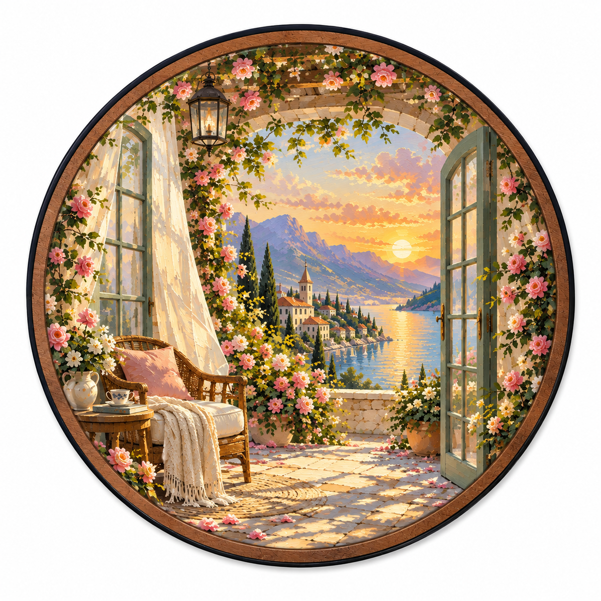 Rose Terrace Sunset – Romantic Lake View LED Wall Art