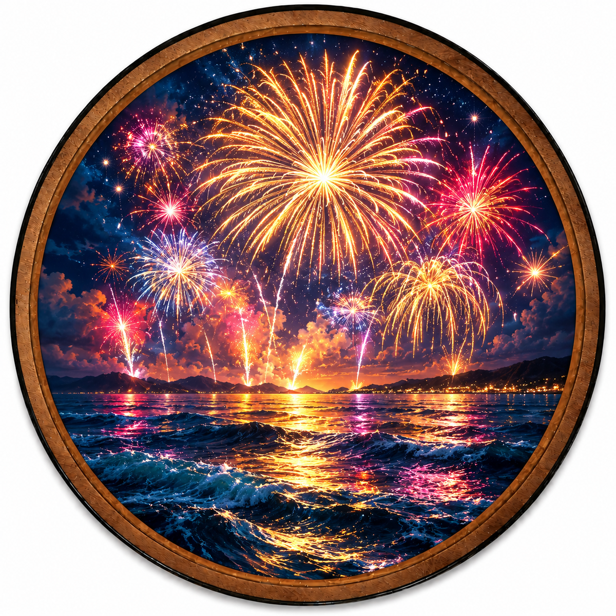 Ocean Fireworks Celebration – Handcrafted Round LED Wall Art