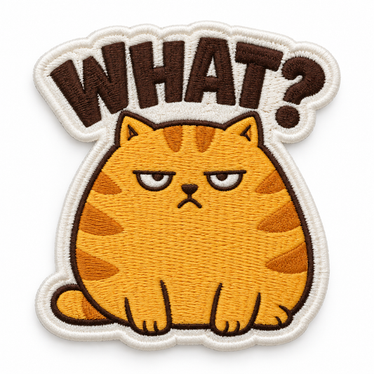 What? Grumpy Orange Cat Embroidered Iron-On Patch – Funny Cat Applique
