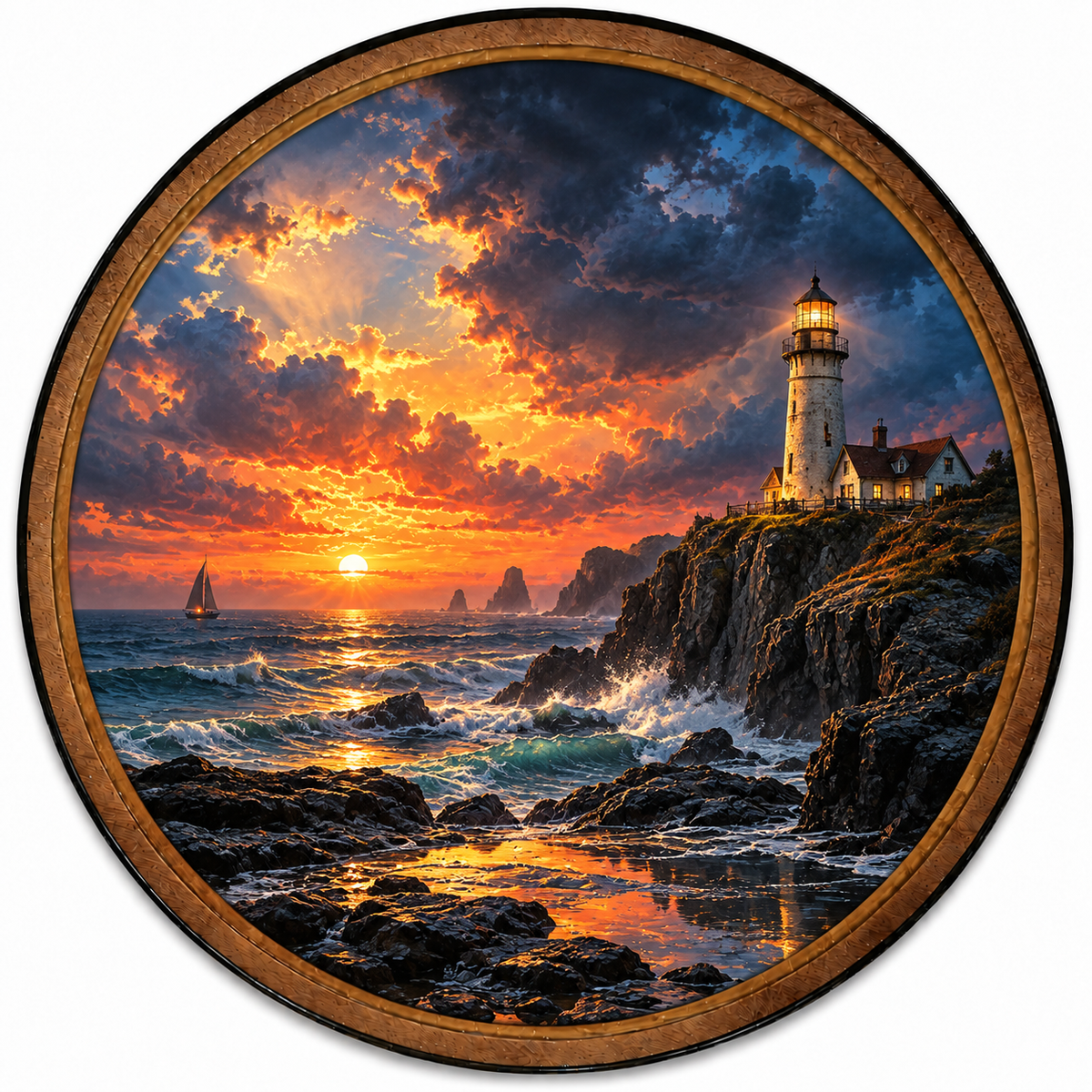 Stormy Lighthouse Sunset Coastal Circular LED Wall Art
