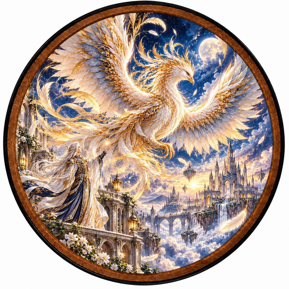 White & Gold Fantasy Phoenix, Heavenly Castle – Handcrafted LED Wall Art