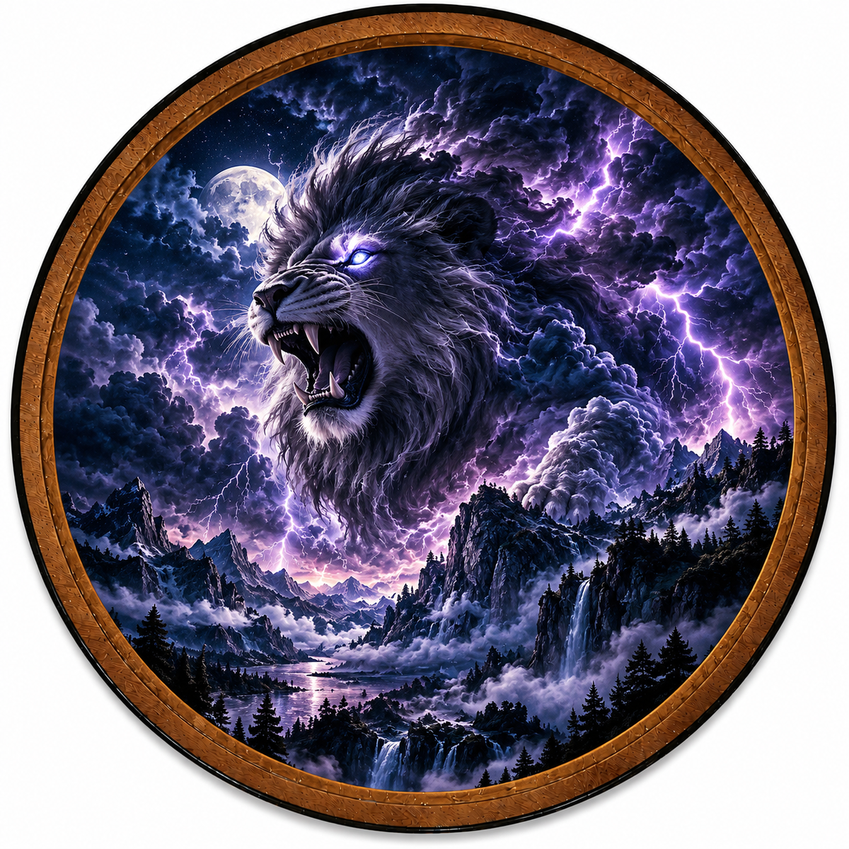 Storm Lion – Handcrafted Round LED Wall Art