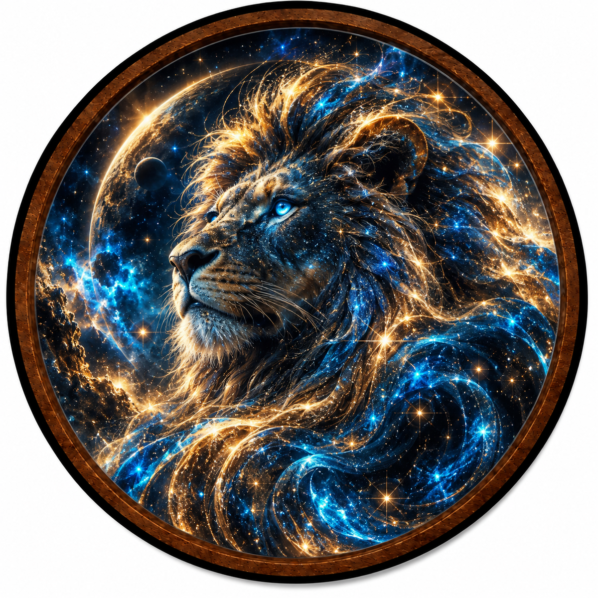 Celestial Lion – Handcrafted LED Wall Art | Majestic Cosmic Lion, Blue & Gold Galaxy Art | Fantasy Home Decor