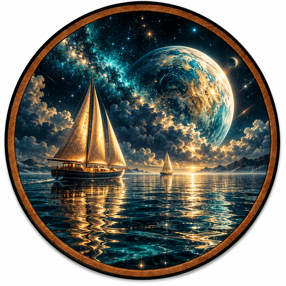 Handcrafted Celestial Sailboat LED Wall Art – Cosmic Ocean, Golden Sailing Ship & Fantasy Planet