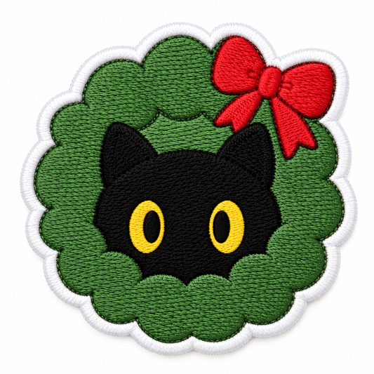 Christmas Black Cat Embroidered Iron-On Patch – Cute Cat Wreath Holiday Applique