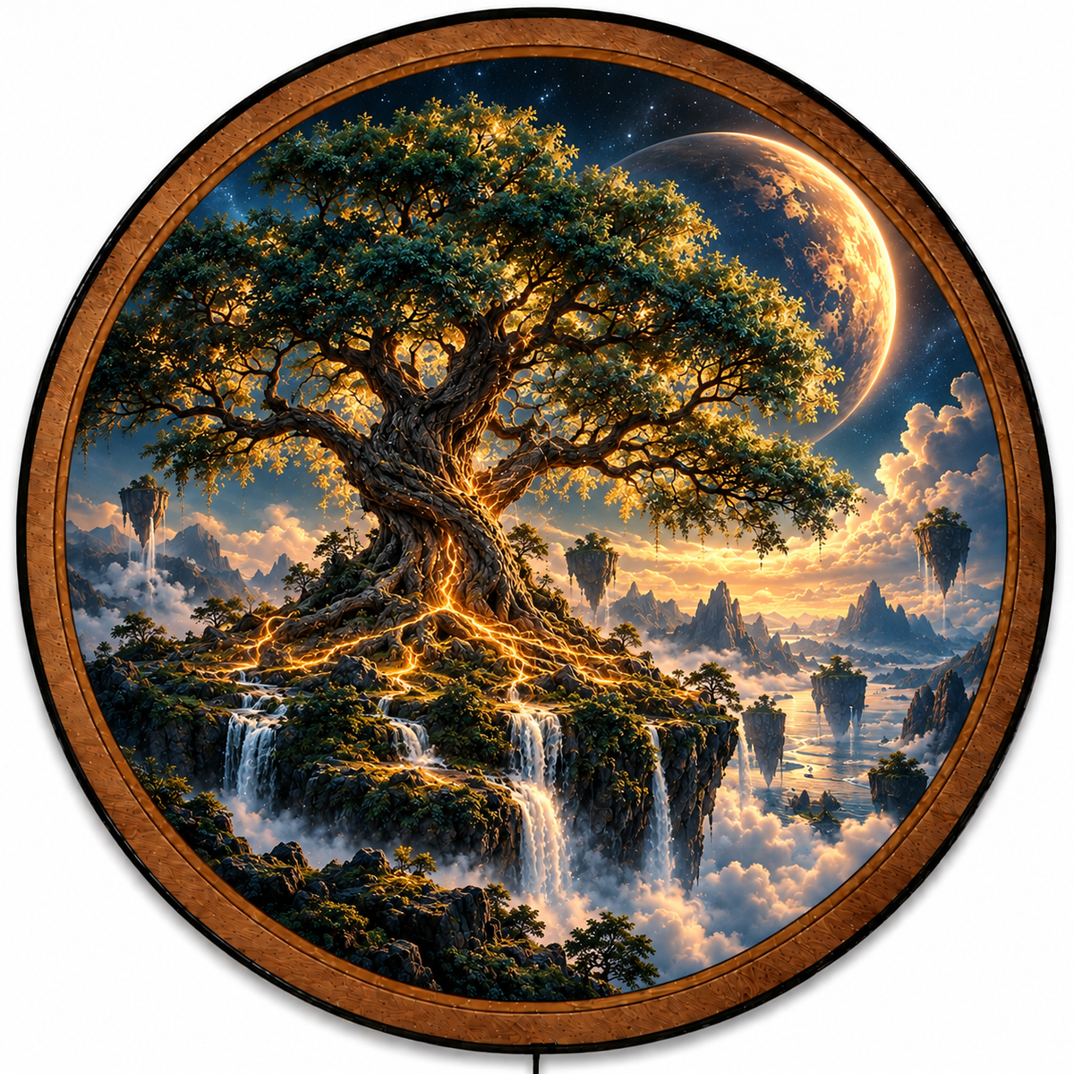 Handcrafted Tree of Life LED Wall Art – Golden Celestial Tree & Floating Islands Fantasy