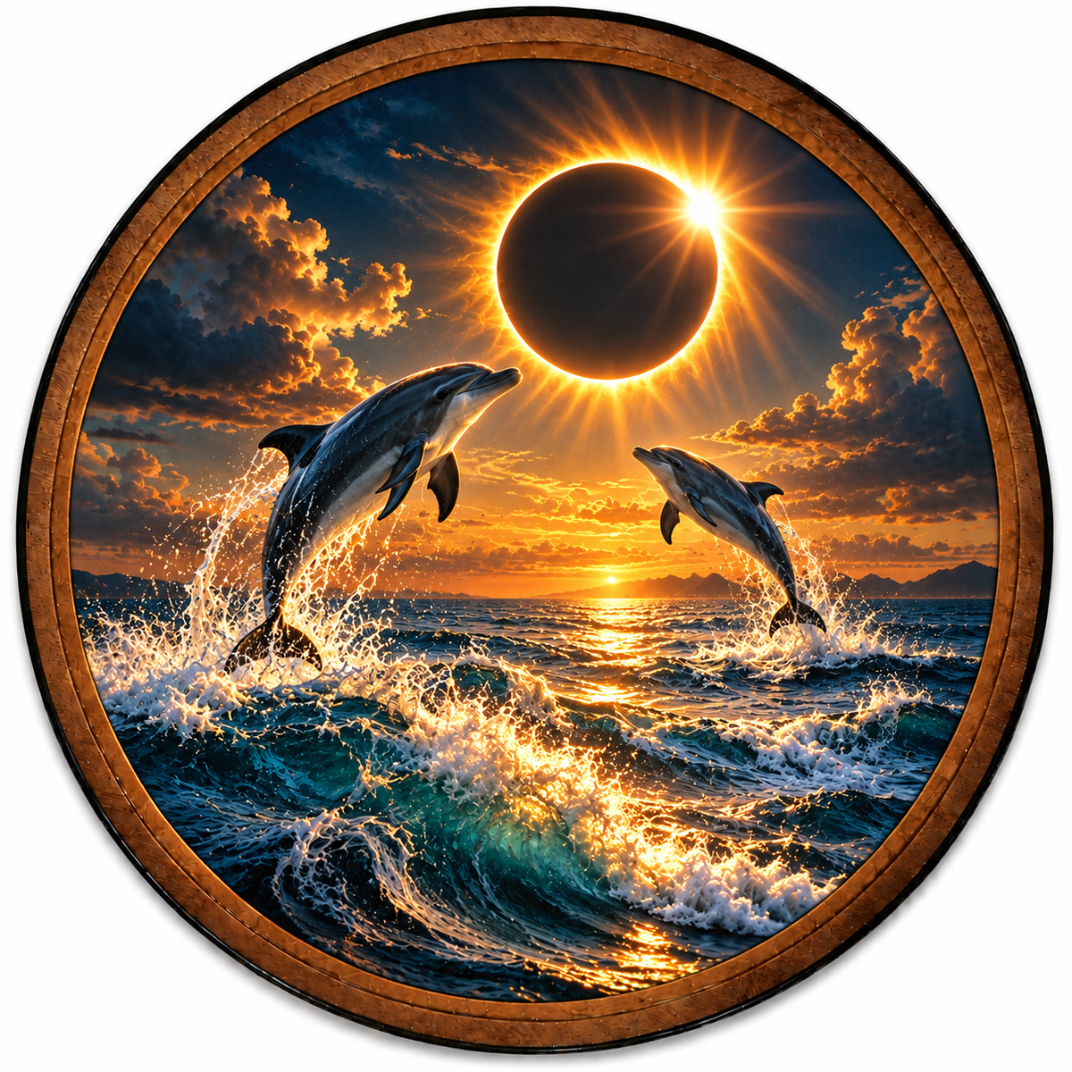 Solar Eclipse Dolphins – Handcrafted Round LED Wall Art