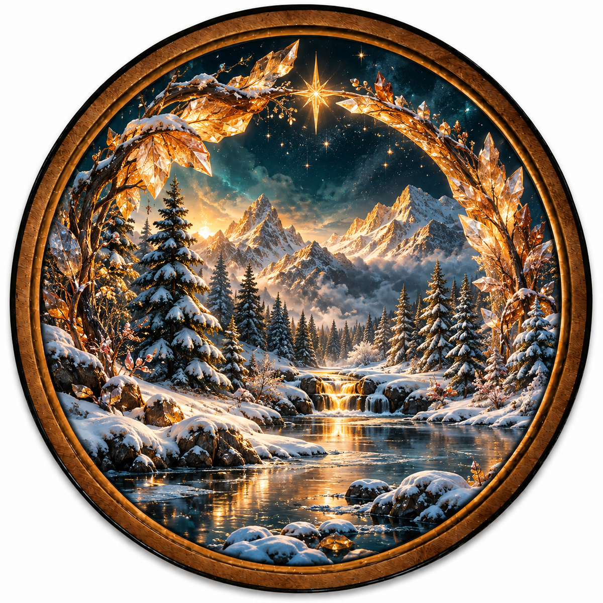 Handcrafted Winter Wonderland LED Wall Art – Crystal Arch, Golden Star & Snowy Mountain Landscape, Christmas