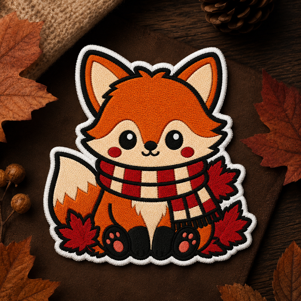 Autumn Fox Embroidered Iron-On Patch – Cozy Fall Fox with Scarf Applique