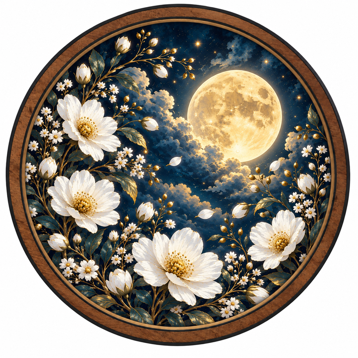 Moonlit White Garden – Golden Moon LED Wall Art