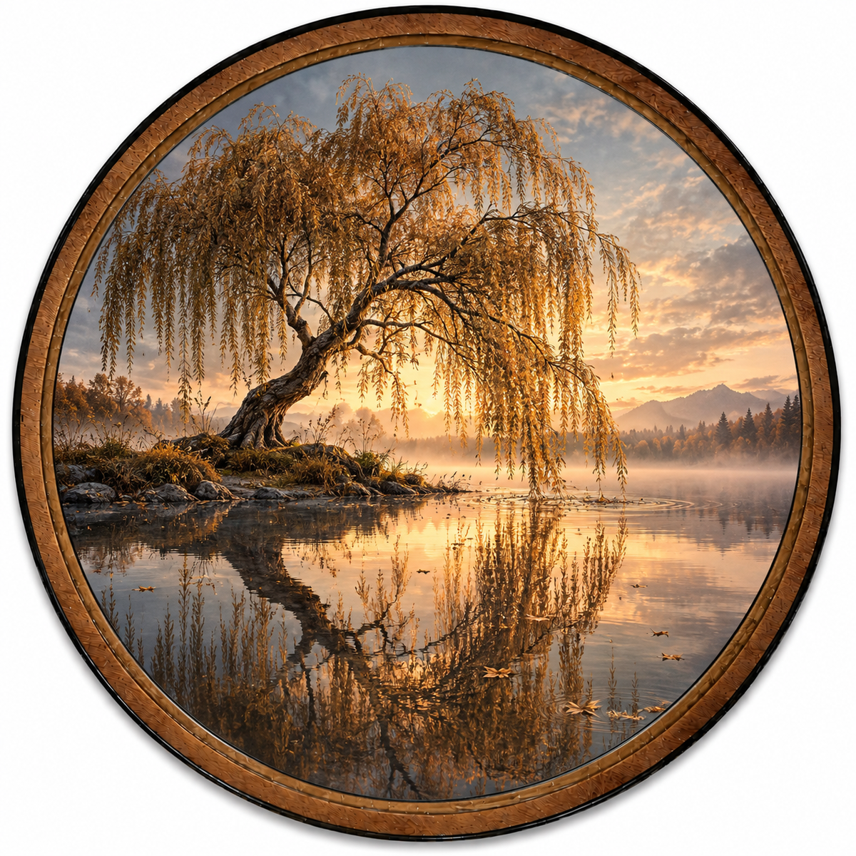 Handcrafted Golden Willow Tree LED Wall Art – Peaceful Sunset Lake Landscape, Rustic Nature