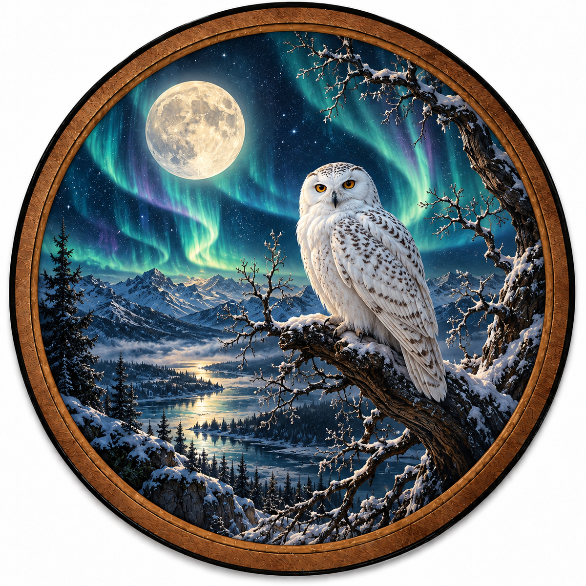 Handcrafted Snowy Owl LED Wall Art – Northern Lights & Full Moon, Winter Wildlife