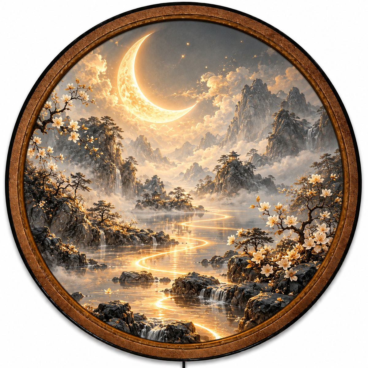 Handcrafted Golden Crescent Moon LED Wall Art – Moonlit Mountain Landscape & Japanese Zen
