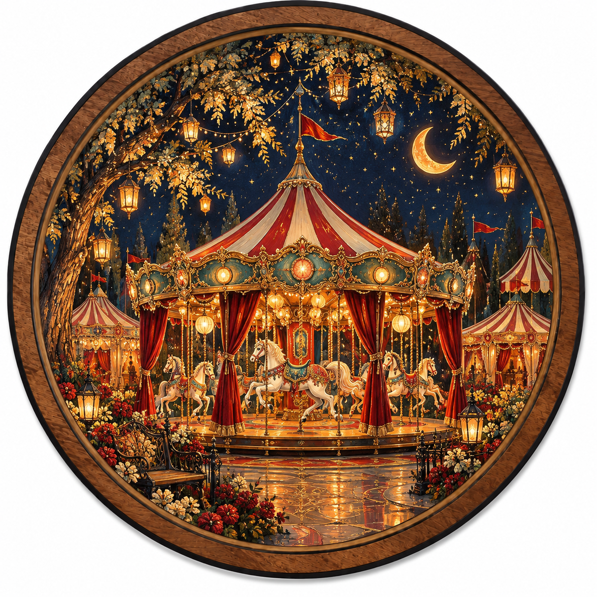 Enchanted Moonlight Carousel – Fantasy Round LED Wall Art