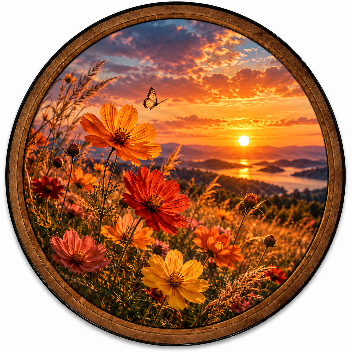 Handcrafted Sunset Wildflower LED Wall Art – Golden Hour Cosmos Flowers & Butterfly Nature