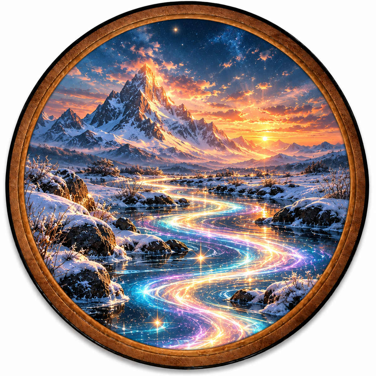 Handcrafted Magical River LED Wall Art – Rainbow Light Stream, Snowy Mountain Sunset & Fantasy Landscape