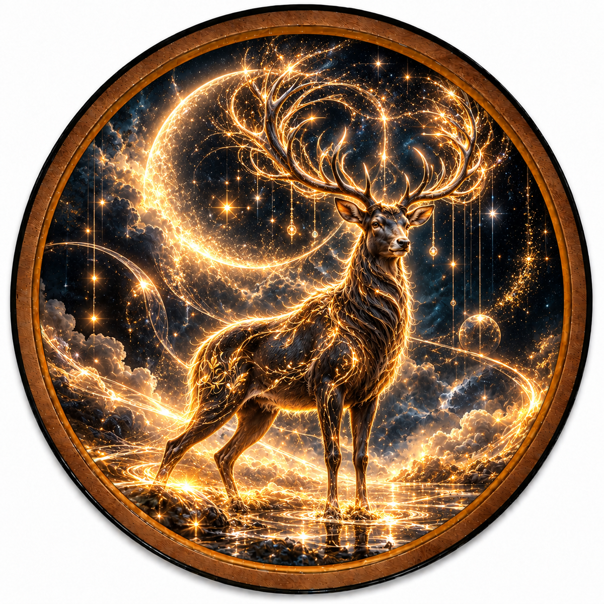 Celestial Stag Golden Moon Circular LED Wall Art