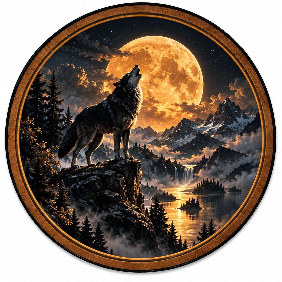 Golden Moon Wolf – Midnight Wilderness LED Wall Art