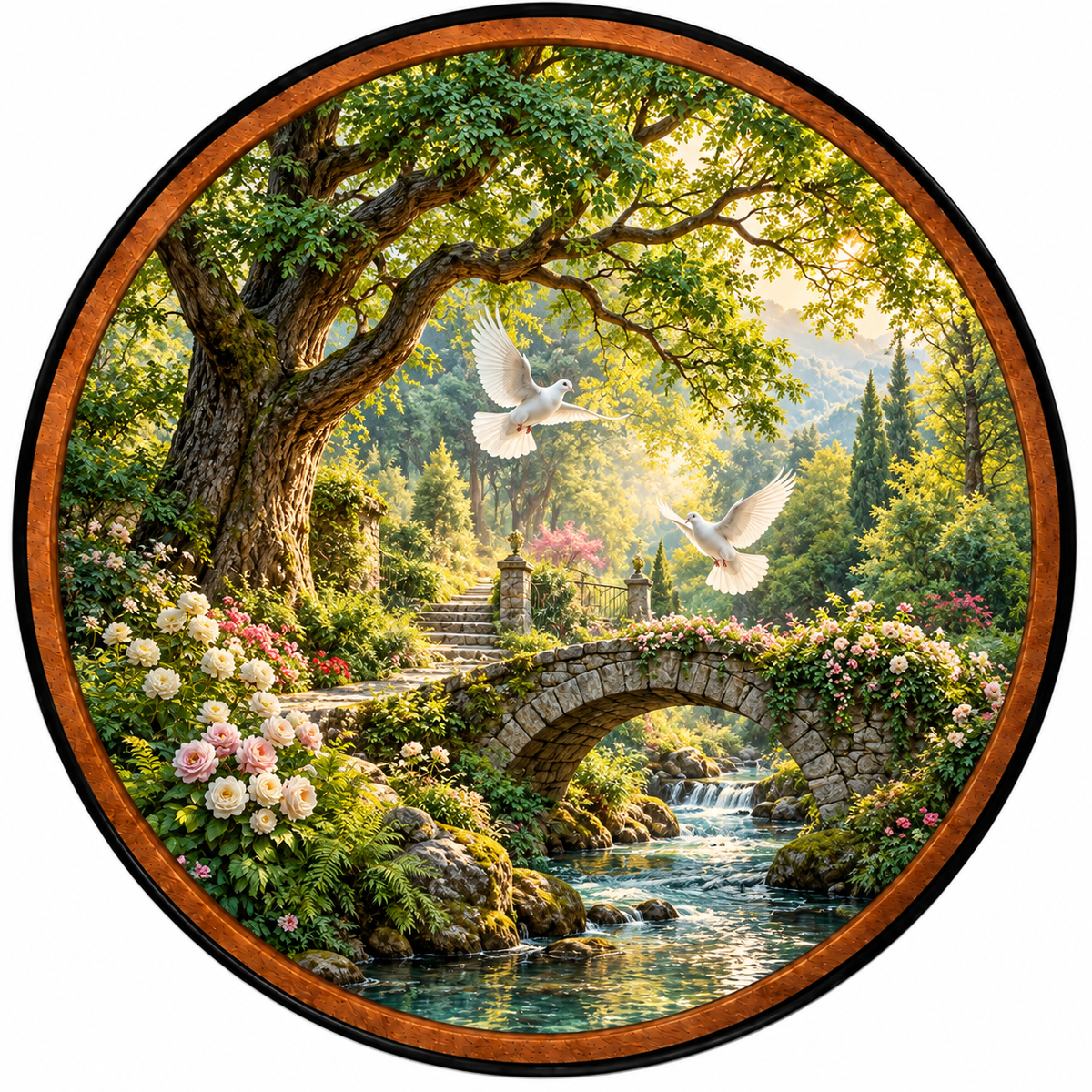 Garden of Peace – Handcrafted LED Wall Art | White Doves, Stone Bridge & Enchanted Garden Landscape