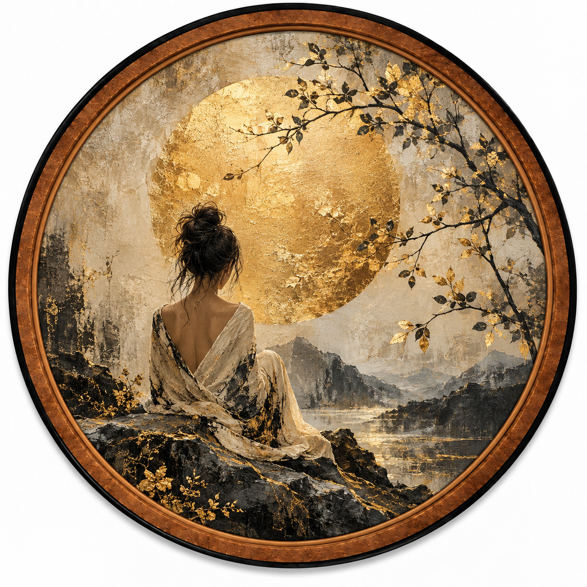 Golden Moon Serenity – Handcrafted Round LED Wall Art