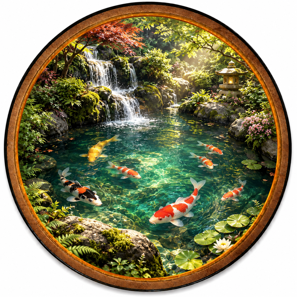 Koi Garden Waterfall Serenity Circular LED Wall Art