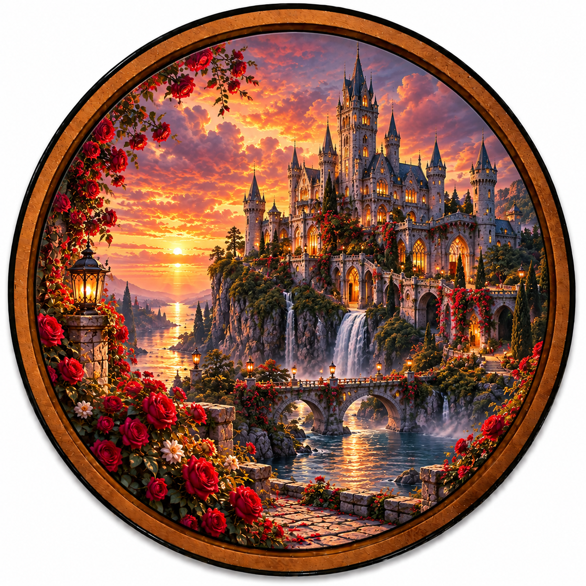 Handcrafted Rose Castle at Golden Sunset LED Wall Art