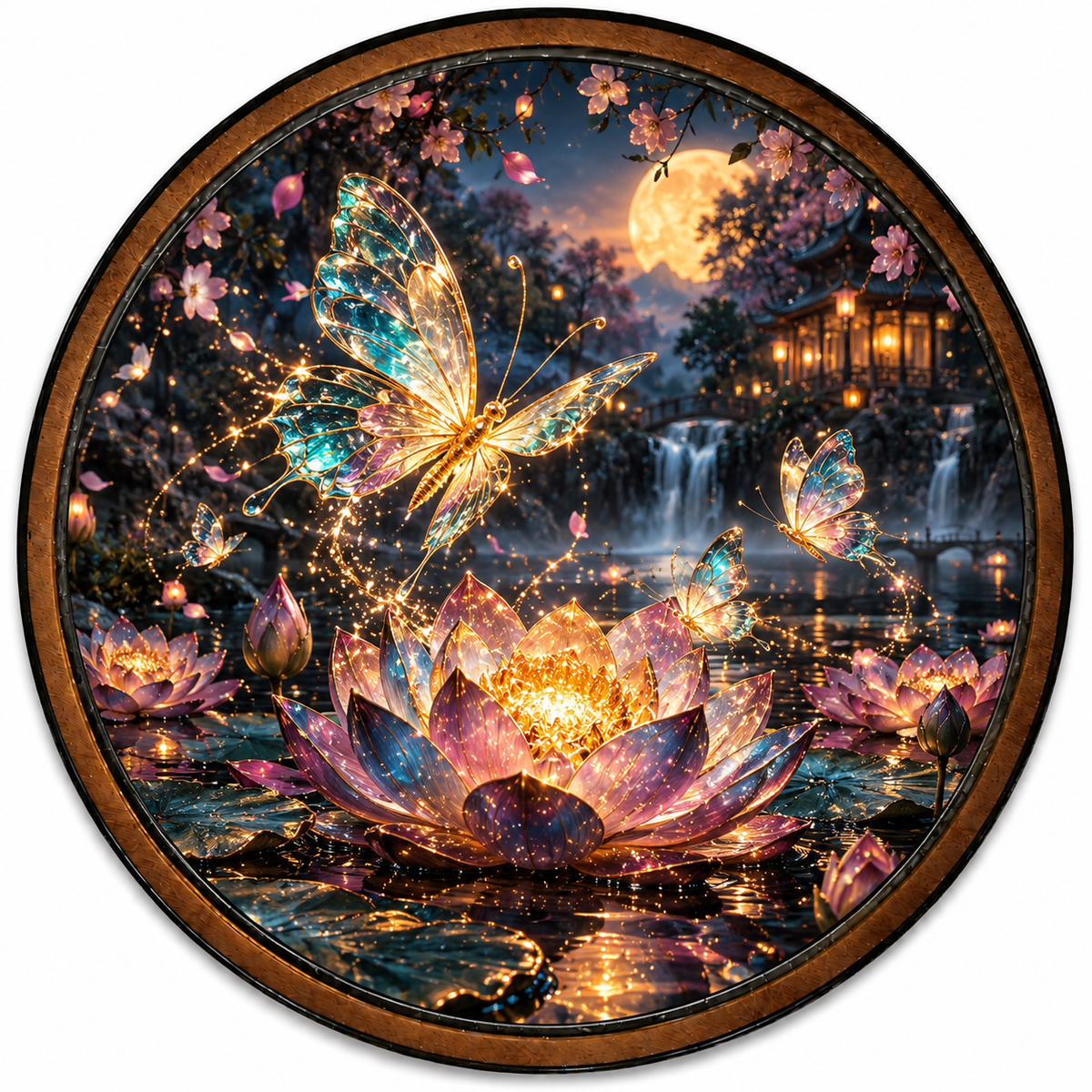 Handcrafted Enchanted Lotus & Glowing Butterflies LED Wall Art – Magical Moonlit Japanese Garden