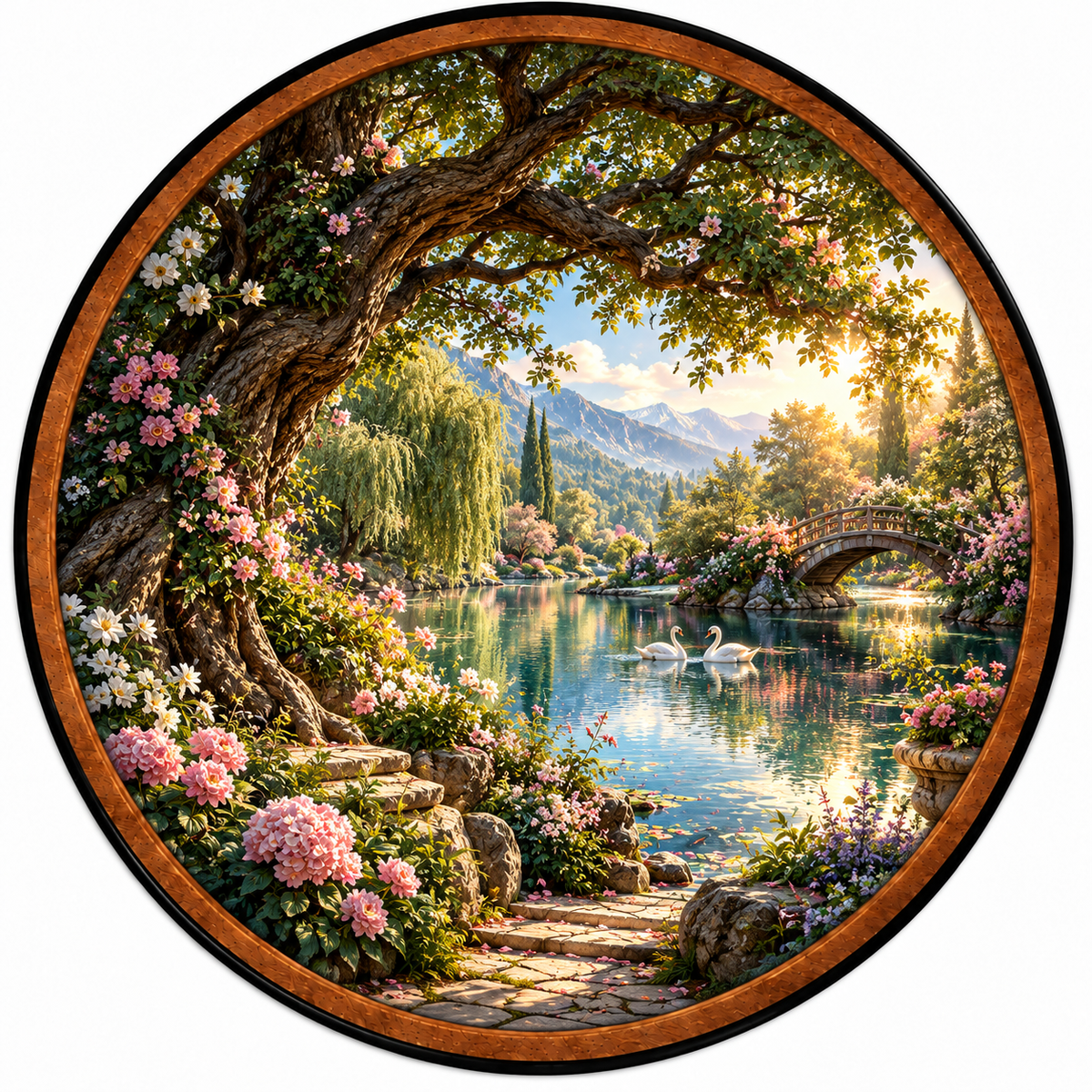 Enchanted Swan Garden – Handcrafted Round LED Wall Art