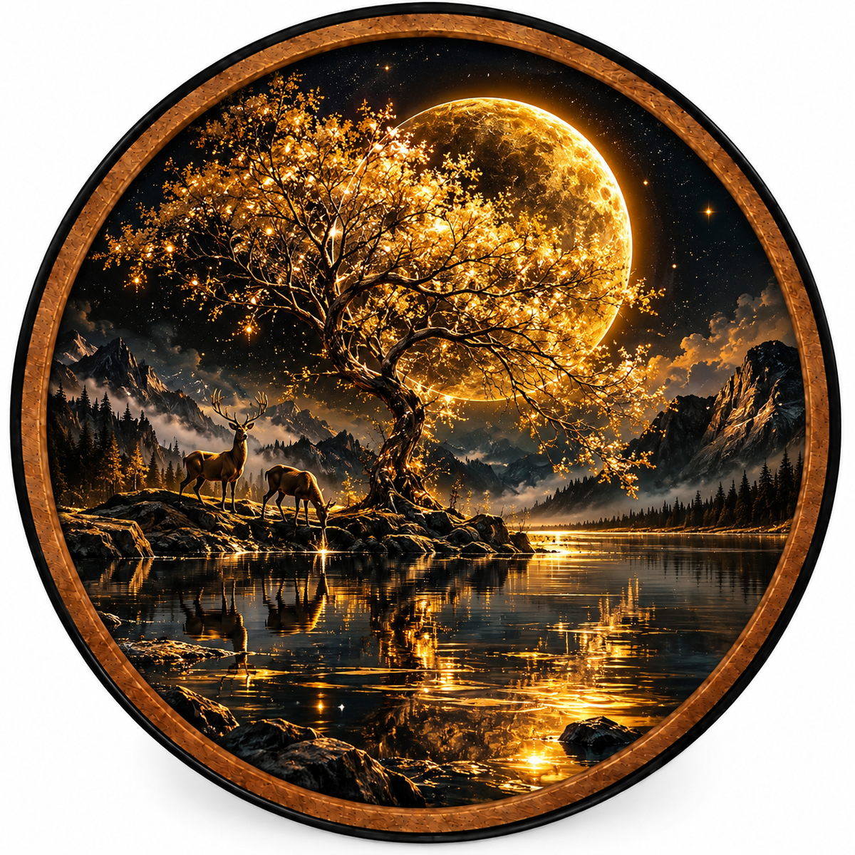 Golden Moonlight – Handcrafted LED Wall Art | Golden Tree, Full Moon & Deer